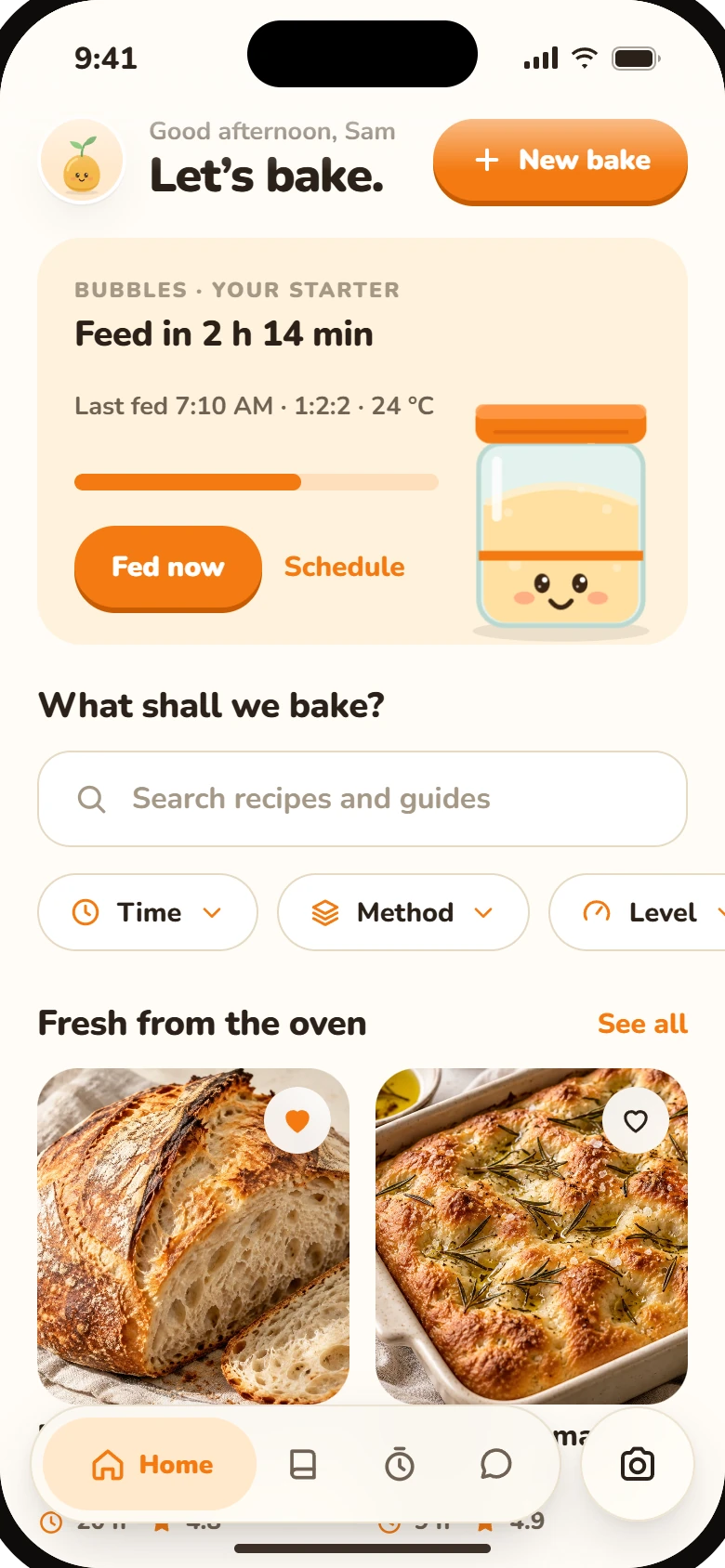 Zymo home screen with a starter card that says Feed in 2 hours 14 minutes, and recipes below.