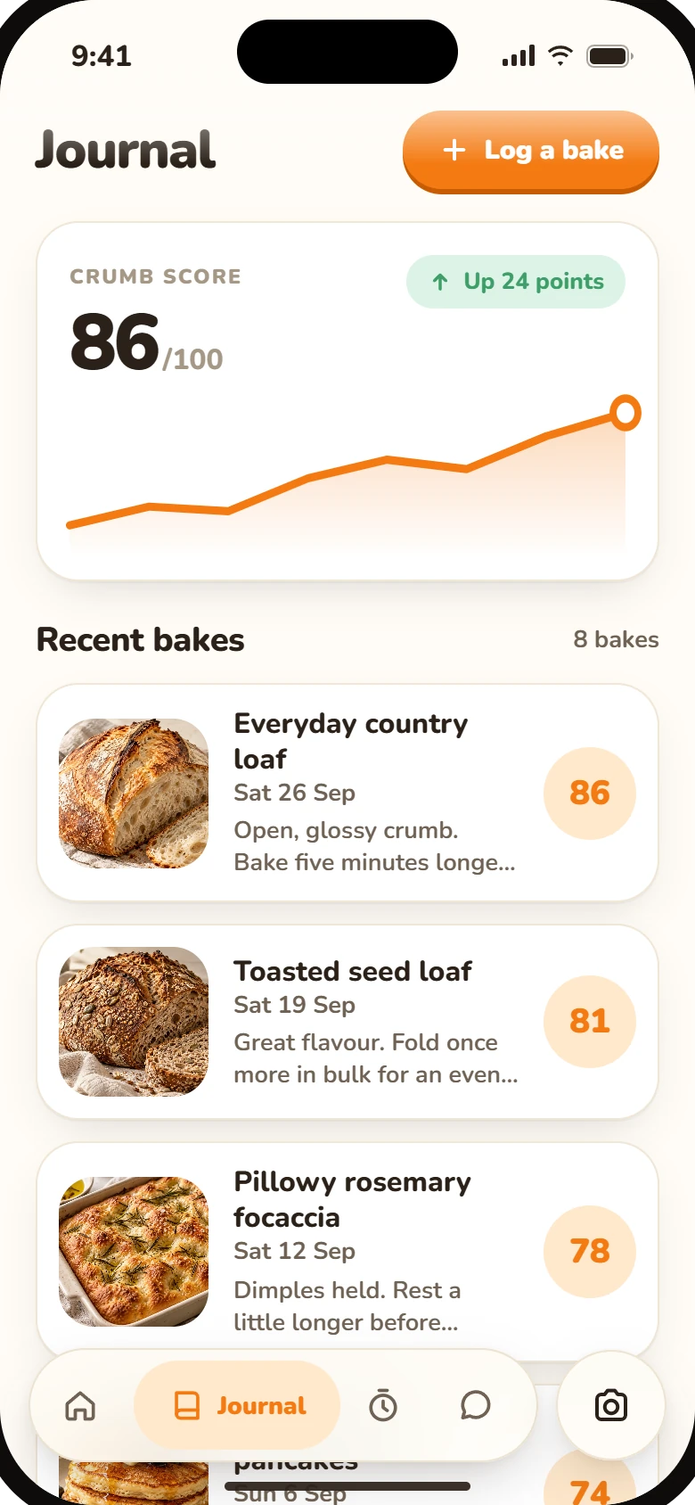 Journal with a crumb score of 86 trending upward and a list of recent bakes.
