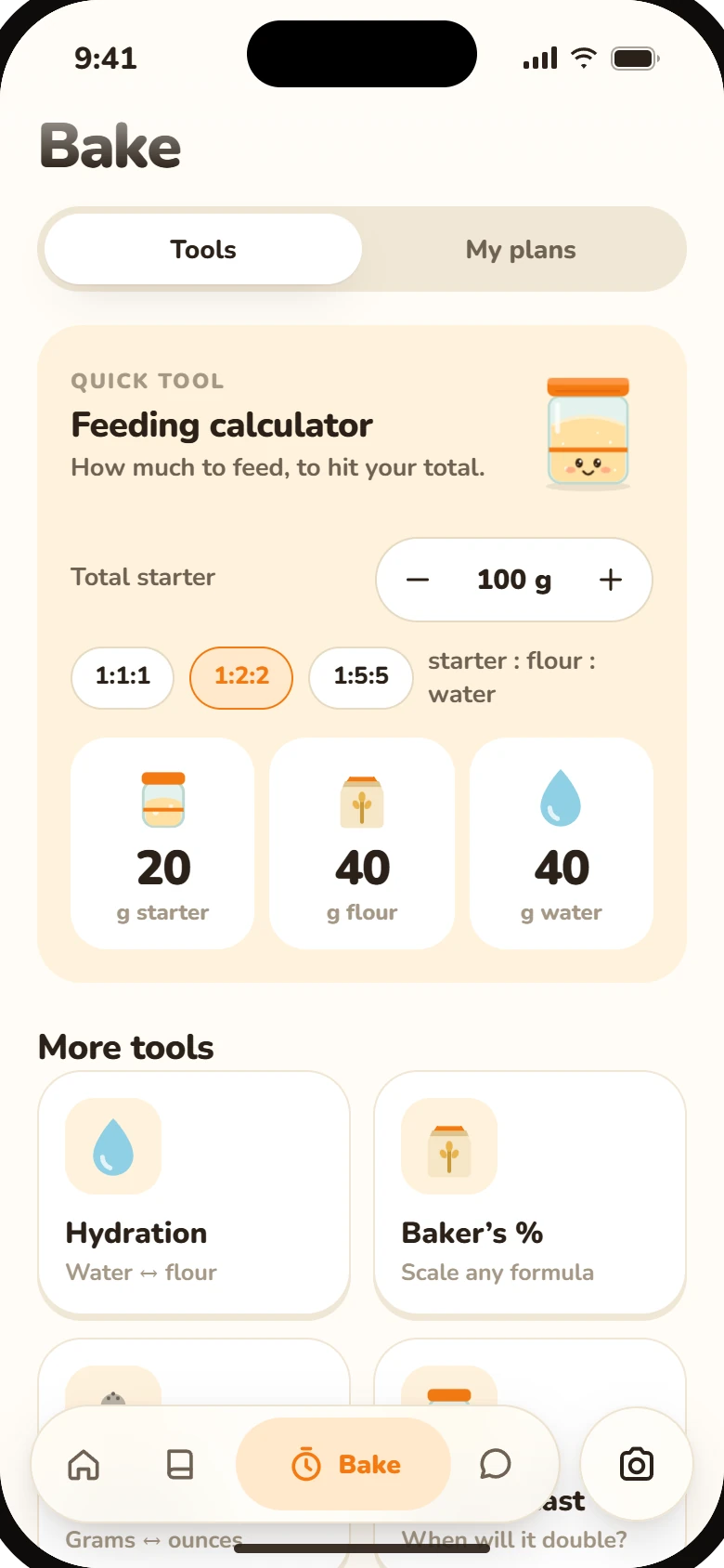 Feeding calculator showing 20 grams of starter, 40 grams of flour and 40 grams of water.