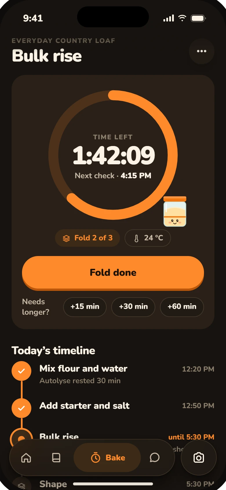 Zymo bake plan in dark mode with a glowing orange countdown ring.