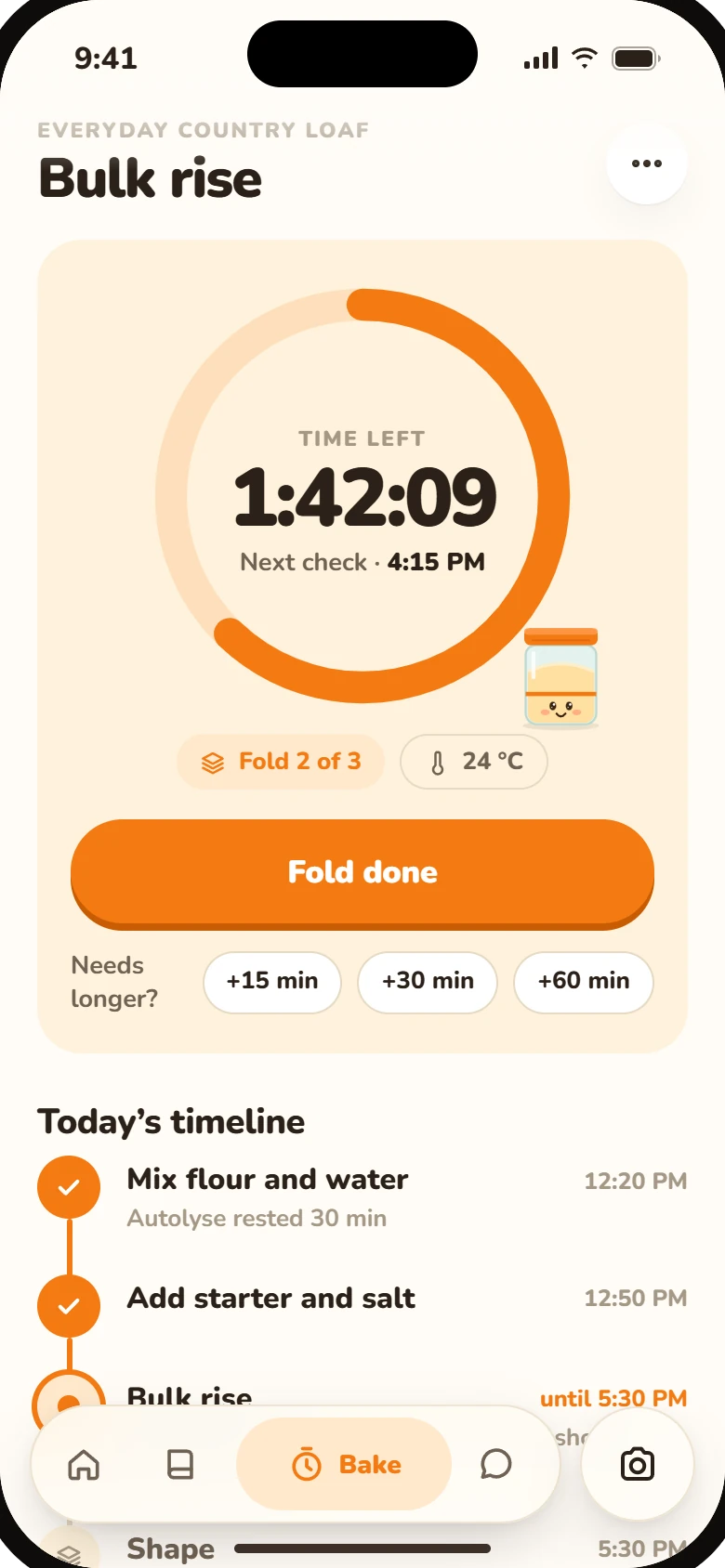 Zymo bake plan showing a countdown ring and a timeline of today's steps.