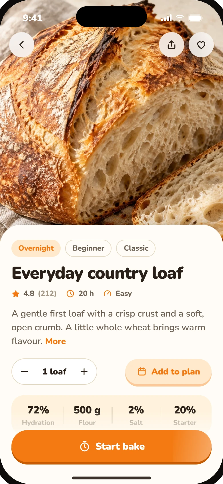 Recipe page for an everyday country loaf with hydration, flour, salt and starter amounts.