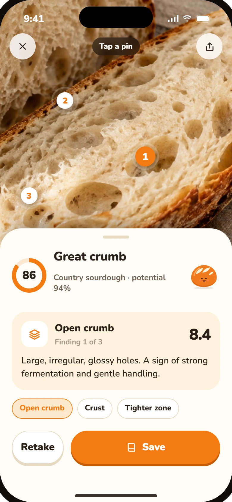 Zymo loaf scan with a score of 86 out of 100 over a photo of sourdough crumb.